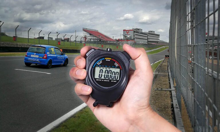 Brands Hatch testing with a stopwatch and a renault clio race car