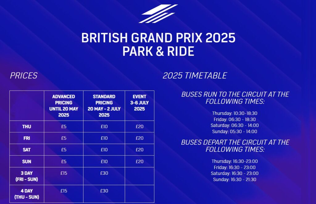 British Grand Prix Park and Ride tiemtable Silverstone 2025