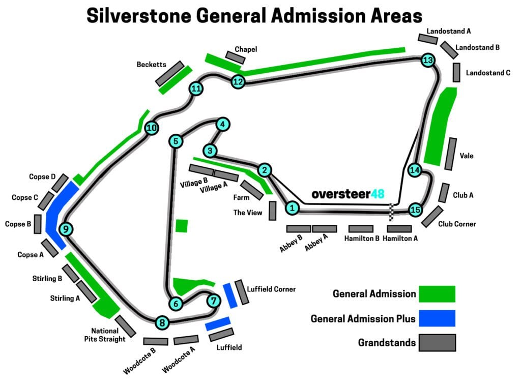 Silverstone General Admission and Grandstand viewing areas seating map