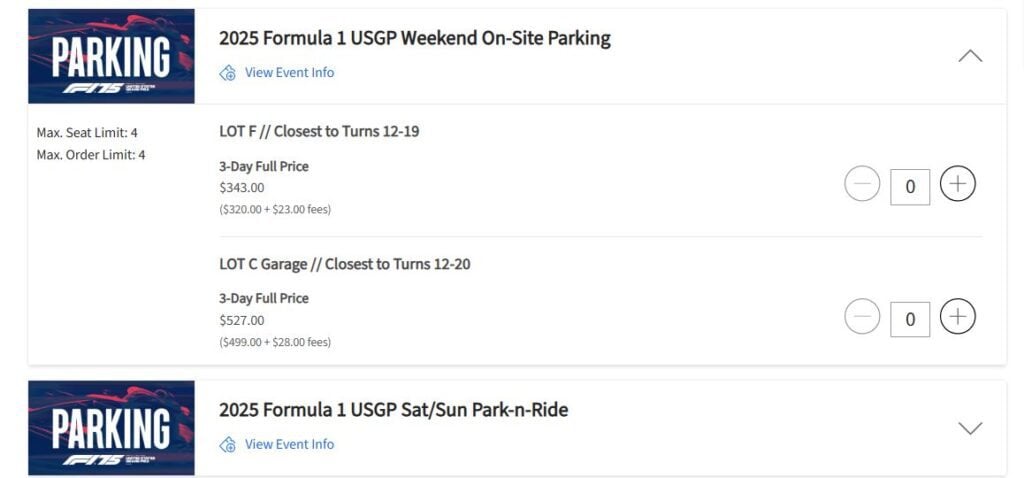 COTA F1 parking cost