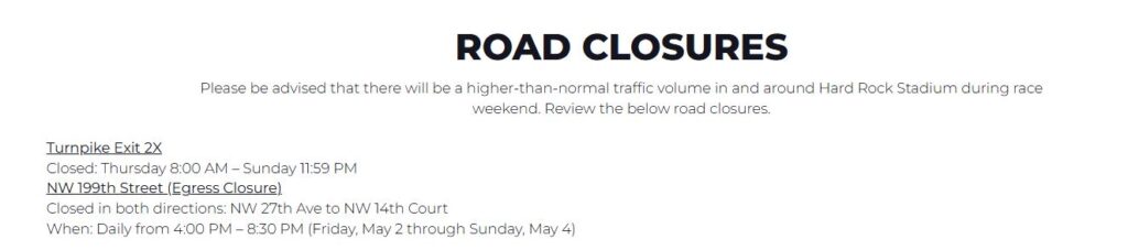 Miami F1 road closures