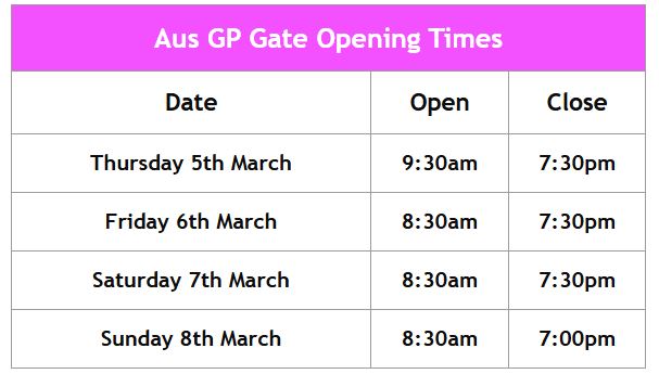 Albert park gate opening times 2026 F1