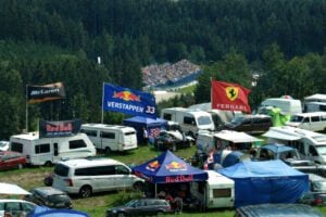 A campsite overlooking the Red Bull Ring during the Austrian F1 Grand Prix weekend