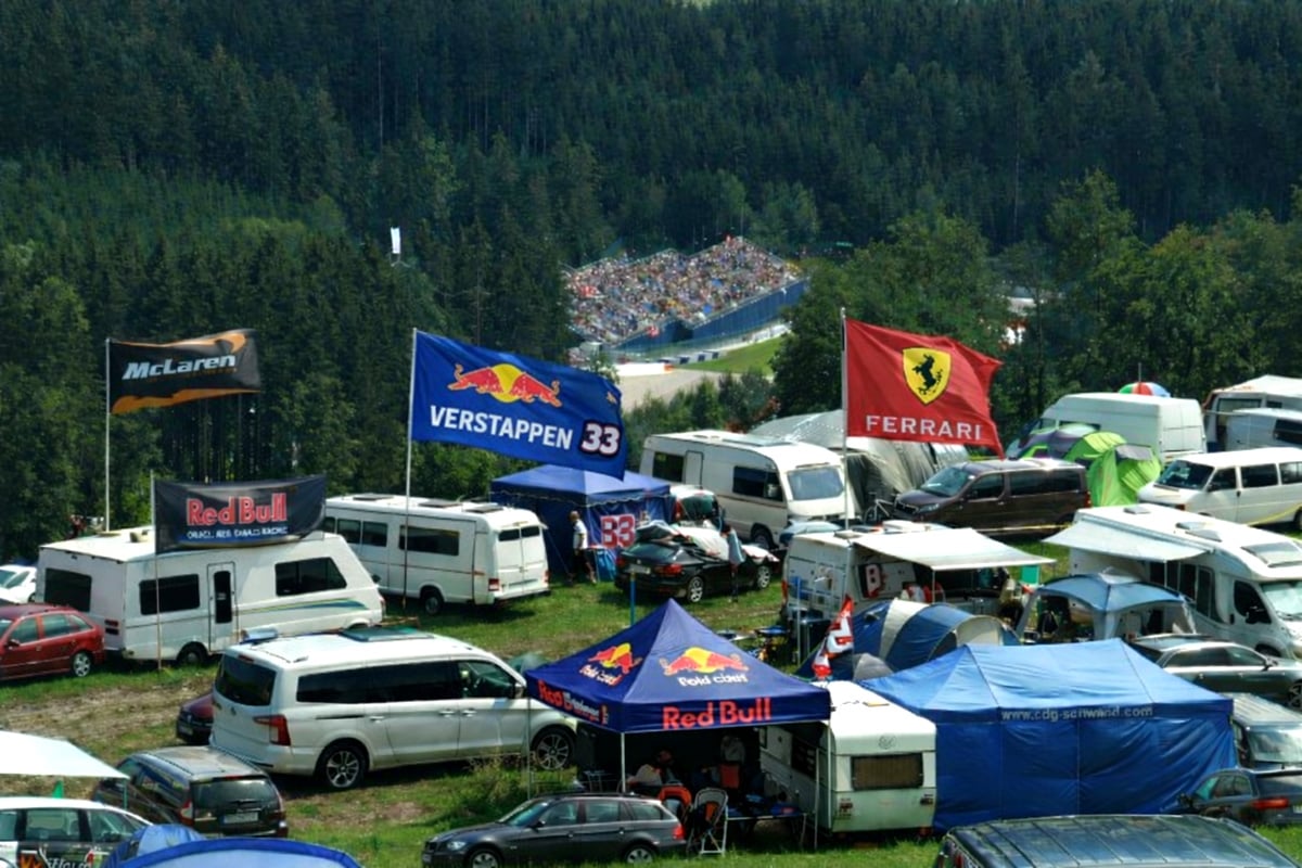 A campsite overlooking the Red Bull Ring during the Austrian F1 Grand Prix weekend