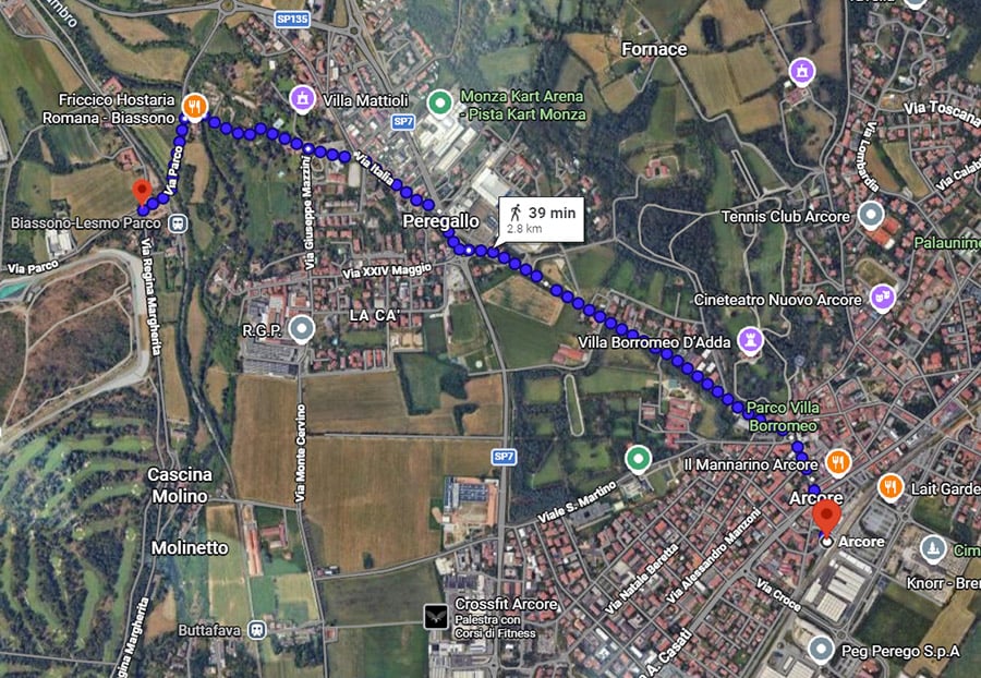 Arcore station to Monza map